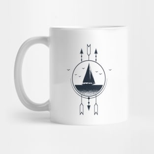 Creative Illustration In Geometric Style. Ship In The Sea. Adventure, Travel And Nautical Mug